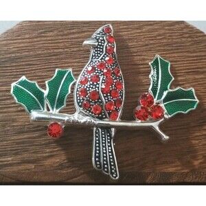 Cardinal Christmas Holly Green Enamel Red Rhinestone Silver Tone Brooch